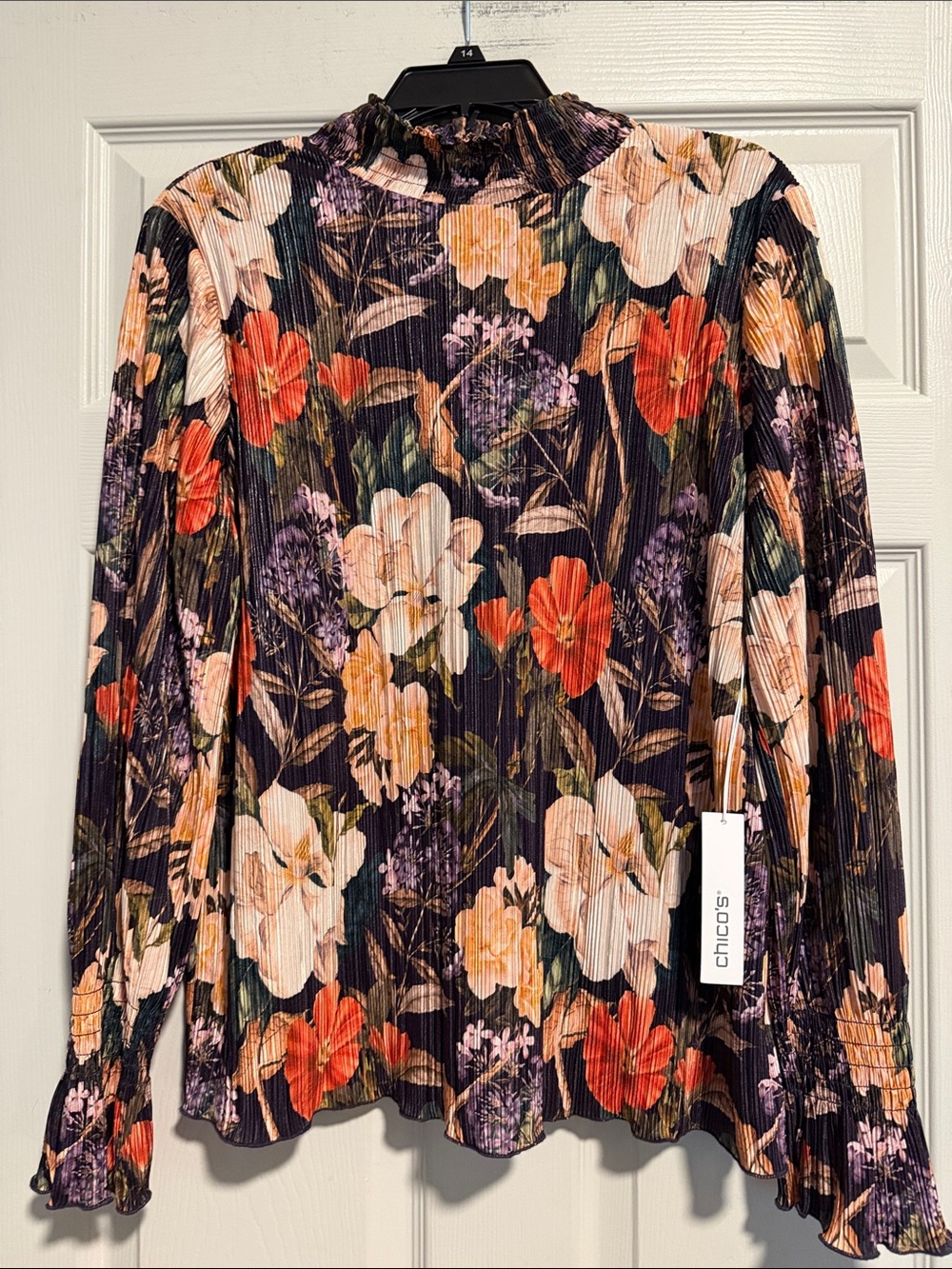 Chico's Floral Mock Neck Long-Sleeve Top in Multi-Color